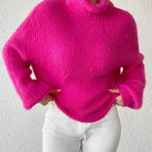 Hot Pink Casual Women's Turtleneck Drop Shoulder Fuzzy Sweater - Picture 4 of 6
